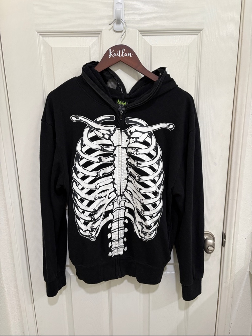 FSD Black Zip-Up Over the Face Hoodie with White Skeleton Print